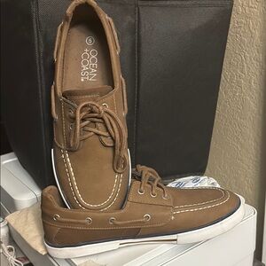 Tan Leather Boat Shoes with Moccasin Toe and Rawhide Laces